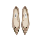 Beige Suede Gold Buckle Kitten Heel Pumps