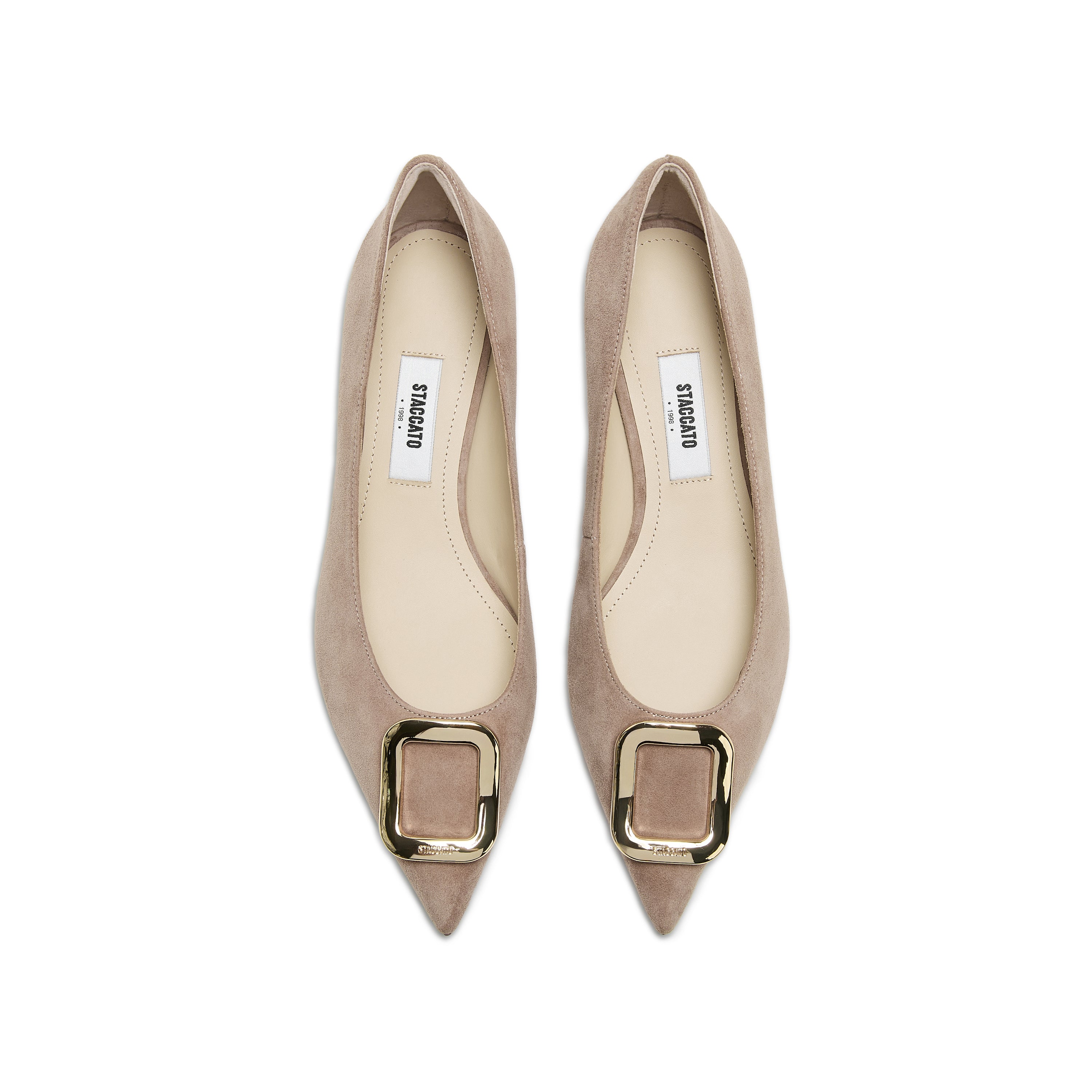 Beige Suede Gold Buckle Kitten Heel Pumps