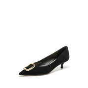 Black Suede Gold Buckle Kitten Heel Pumps