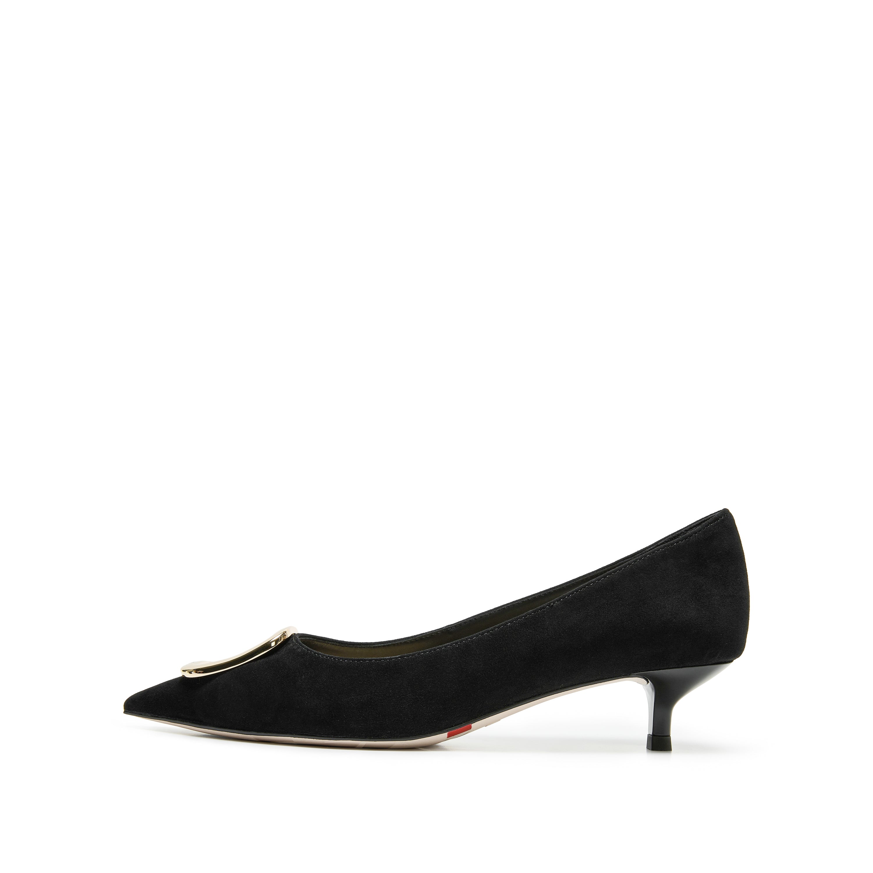 Black Suede Gold Buckle Kitten Heel Pumps