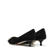 Black Suede Gold Buckle Kitten Heel Pumps