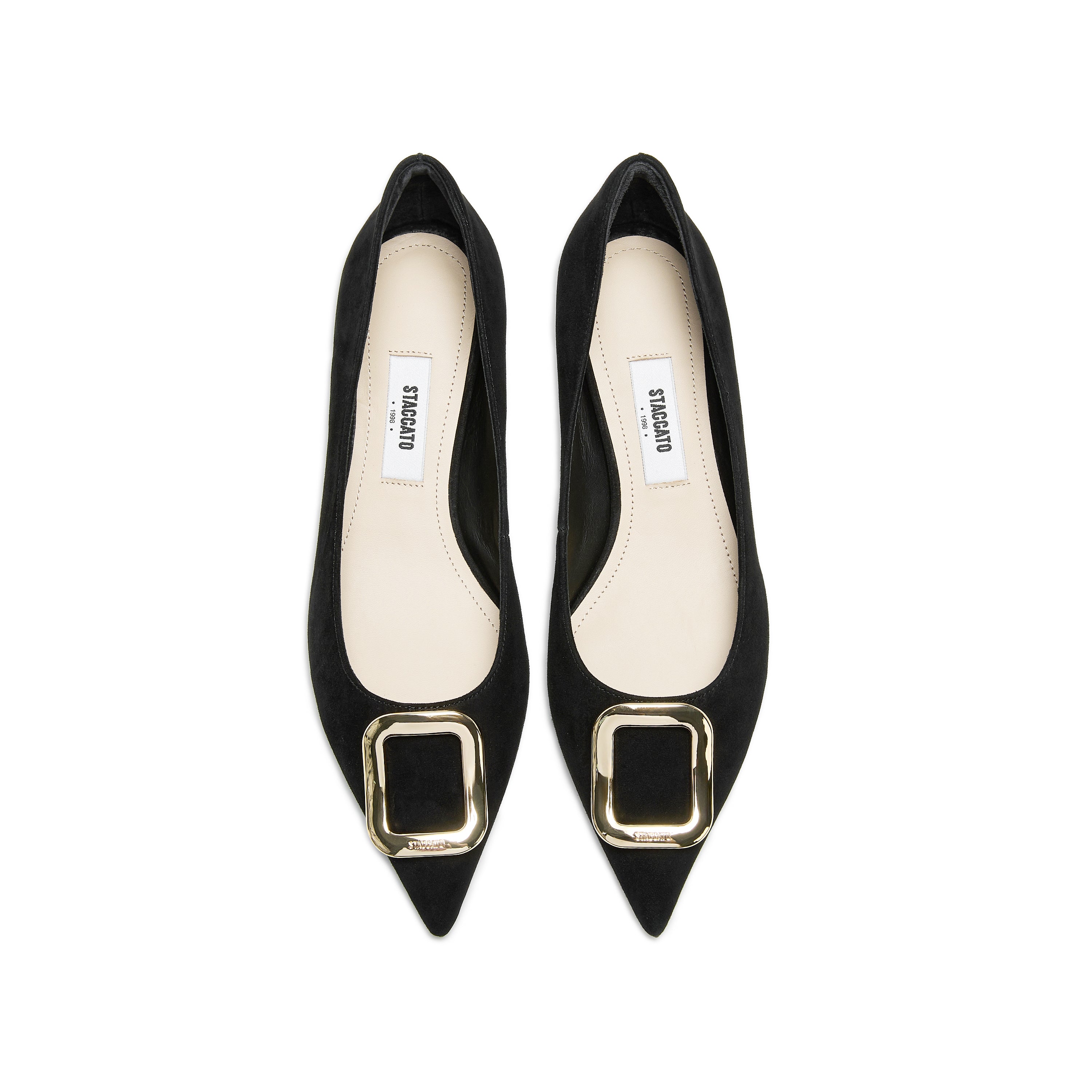 Black Suede Gold Buckle Kitten Heel Pumps