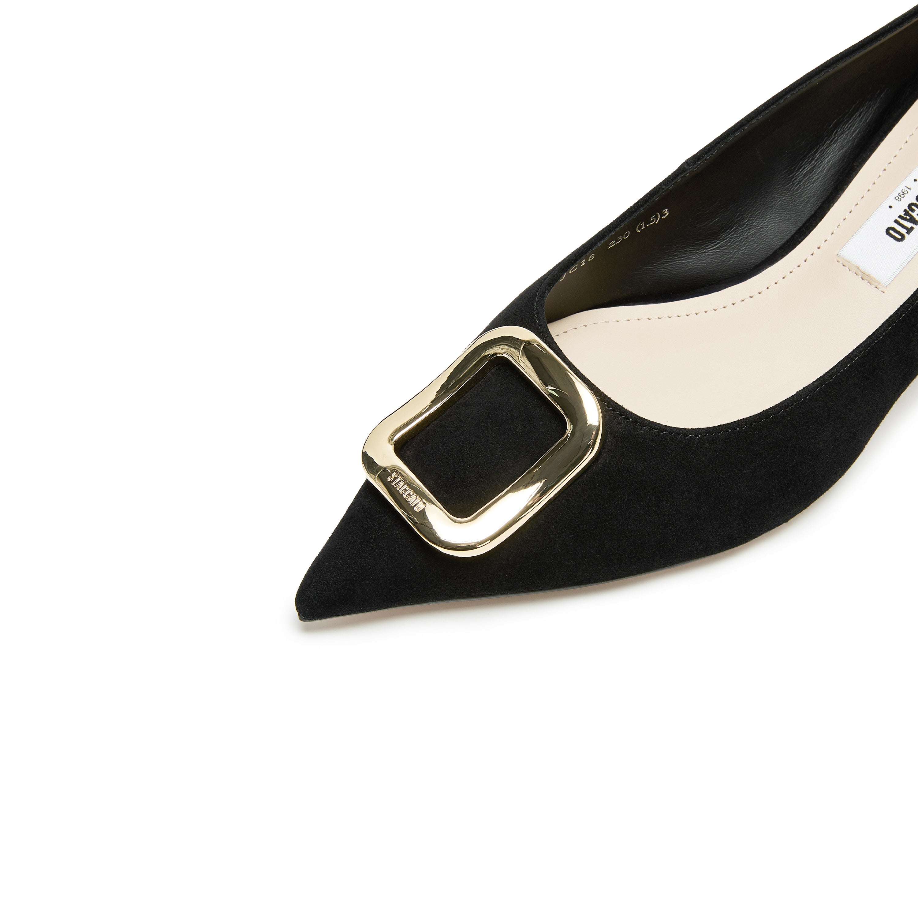 Black Suede Gold Buckle Kitten Heel Pumps