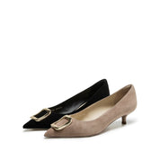 Black Suede Gold Buckle Kitten Heel Pumps
