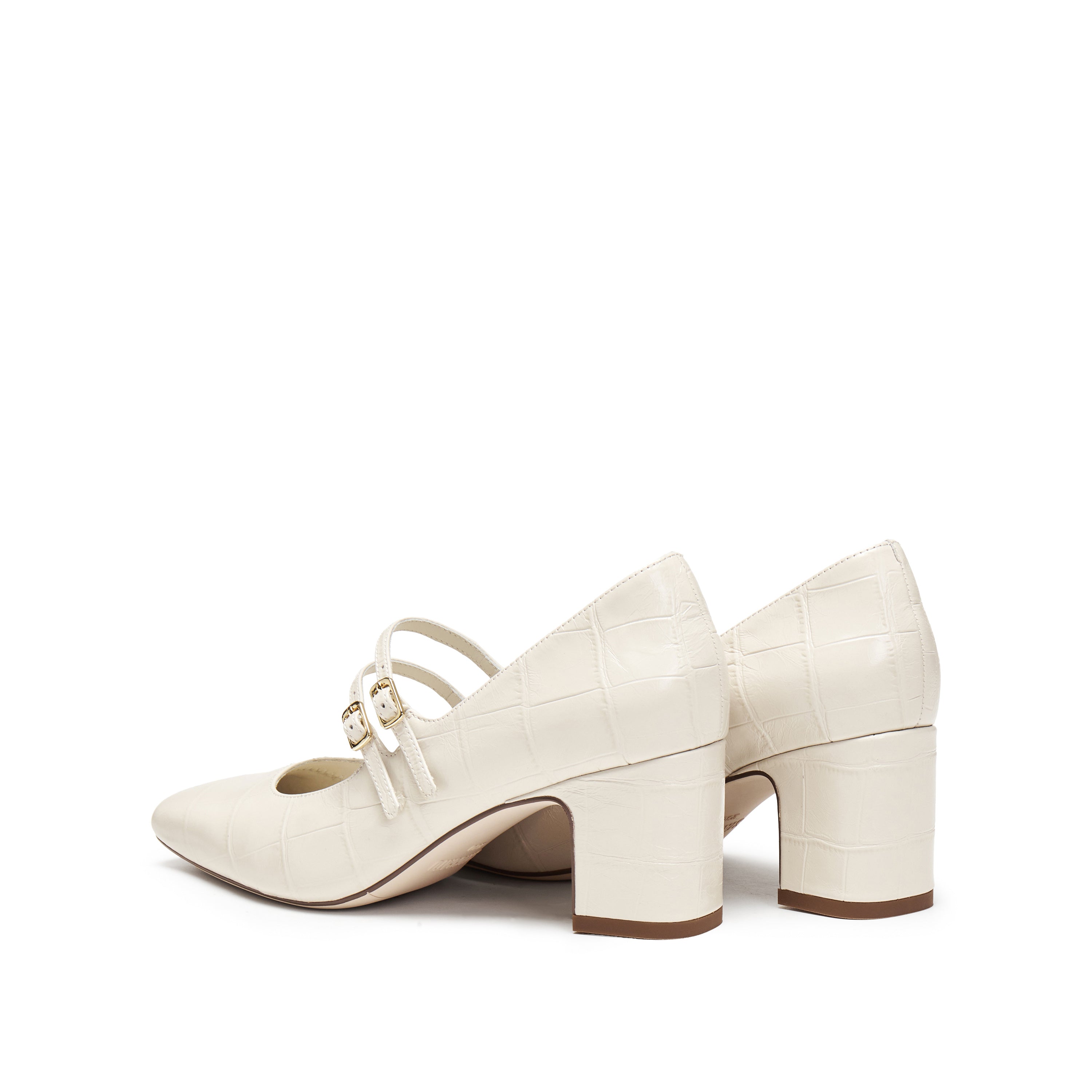 Beige Embossed Double Strap Heeled Mary Janes