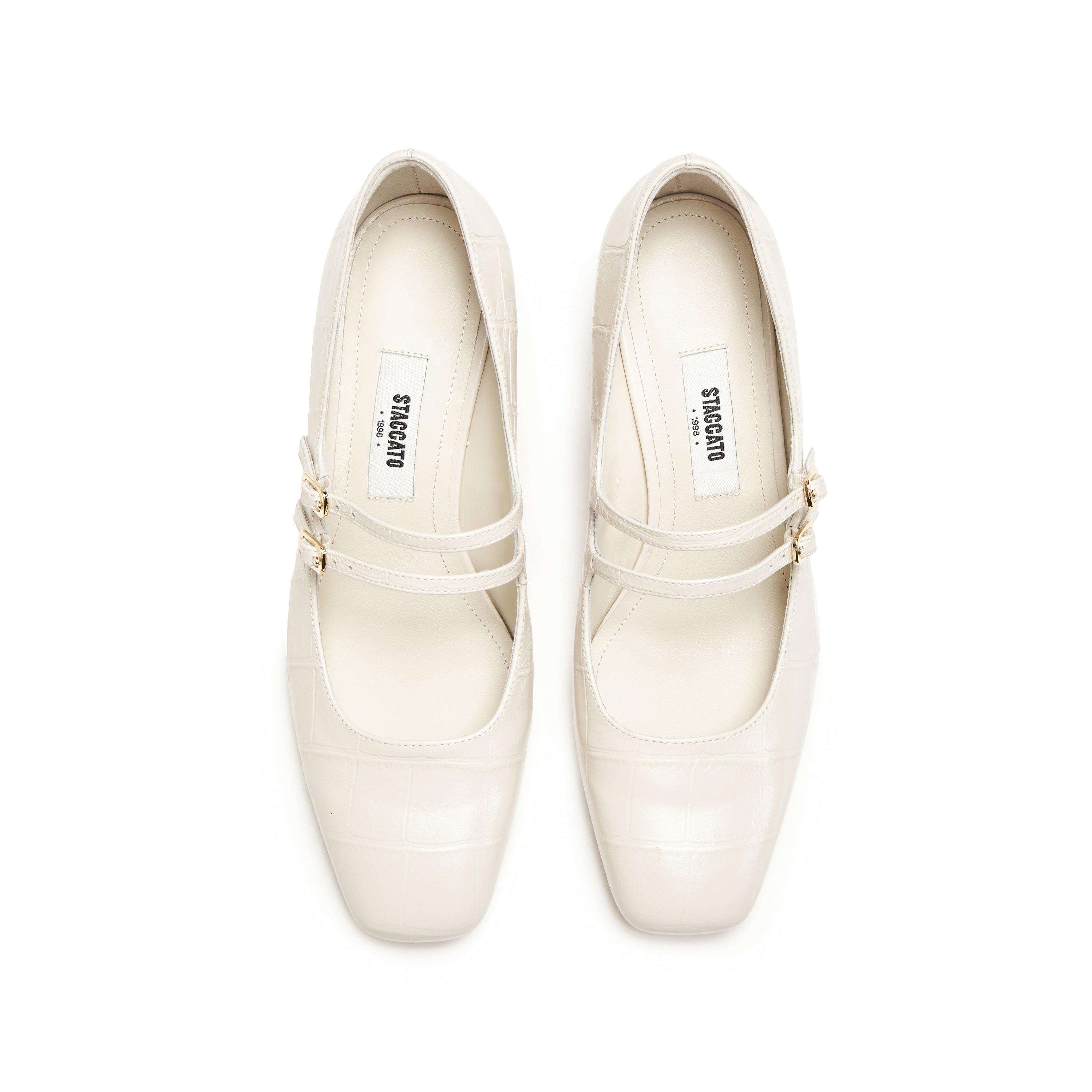 Beige Embossed Double Strap Heeled Mary Janes
