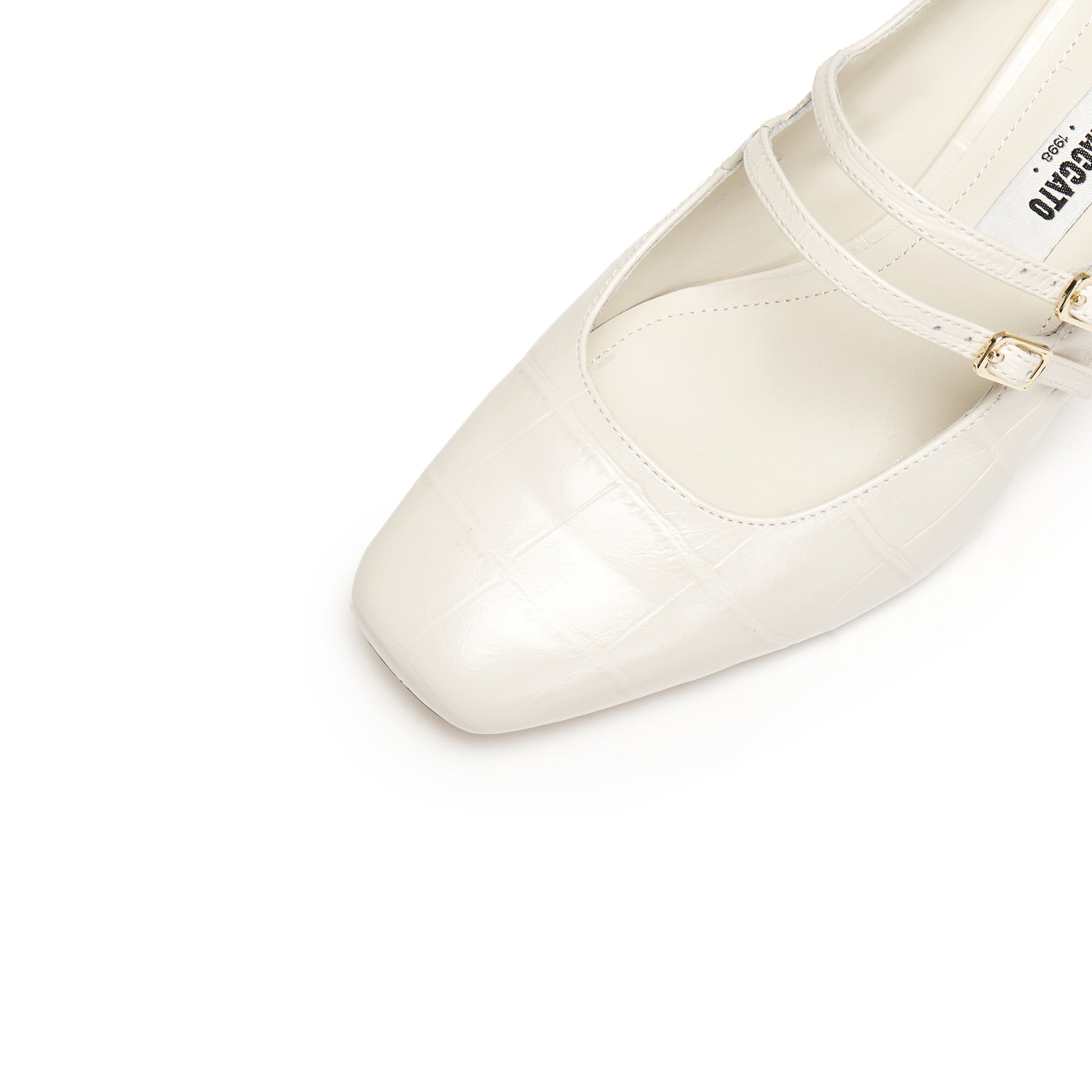 Beige Embossed Double Strap Heeled Mary Janes
