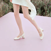 Beige Embossed Double Strap Heeled Mary Janes