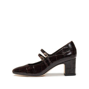 Burgundy Embossed Double Strap Heeled Mary Janes