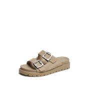 Sand Crystal Buckle Double Strap Suede Sandals