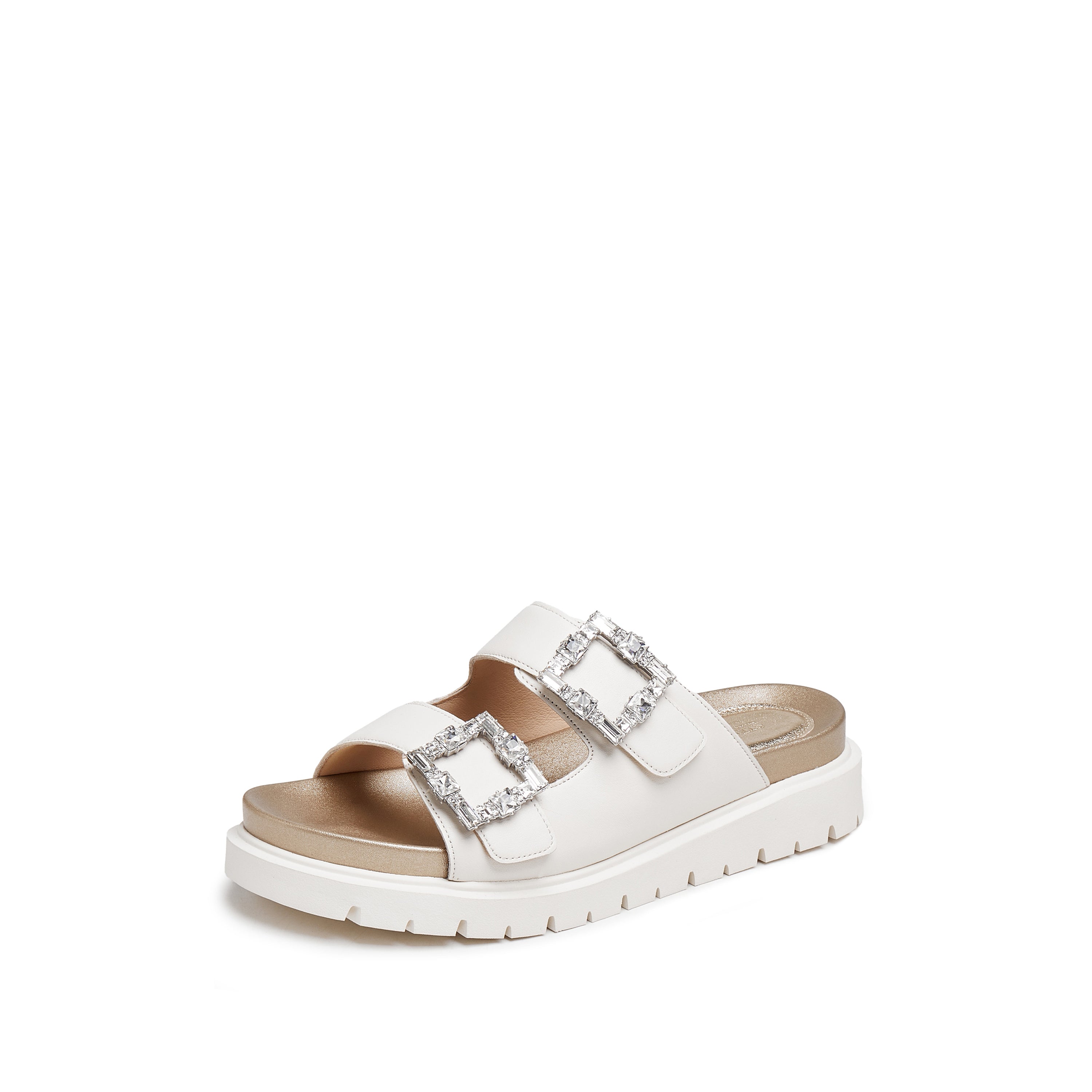 Beige Crystal Buckle Double Strap Leather Sandals