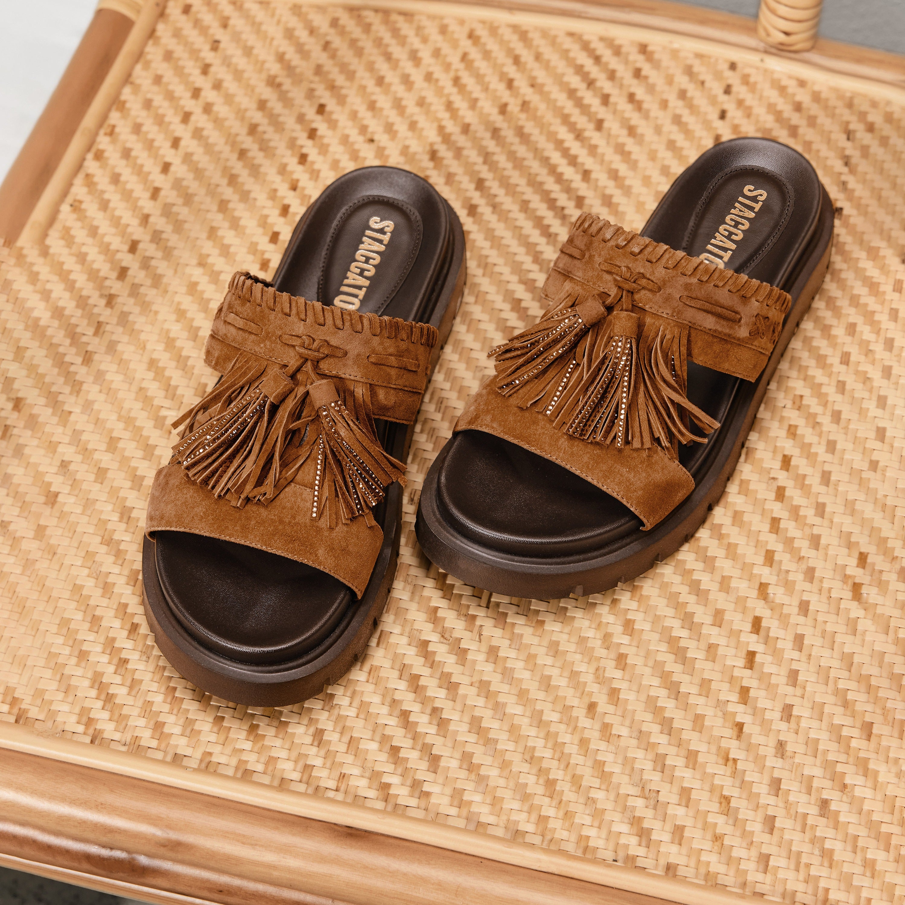 Brown Tassel Suede Vintage Strap Sandals