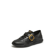 Vintage Buckle Strap Black Leather Lace-up Runner