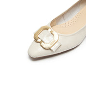 Beige Embossed Golden Buckle Bow Flats