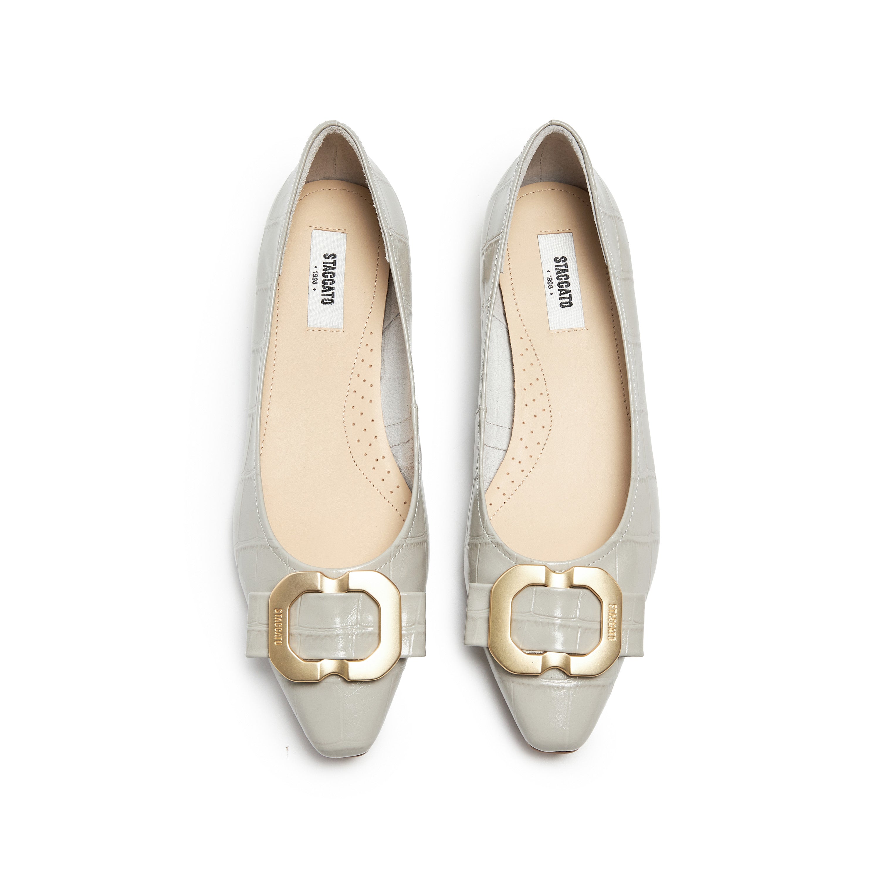 Lige Grey Embossed Golden Buckle Bow Flats