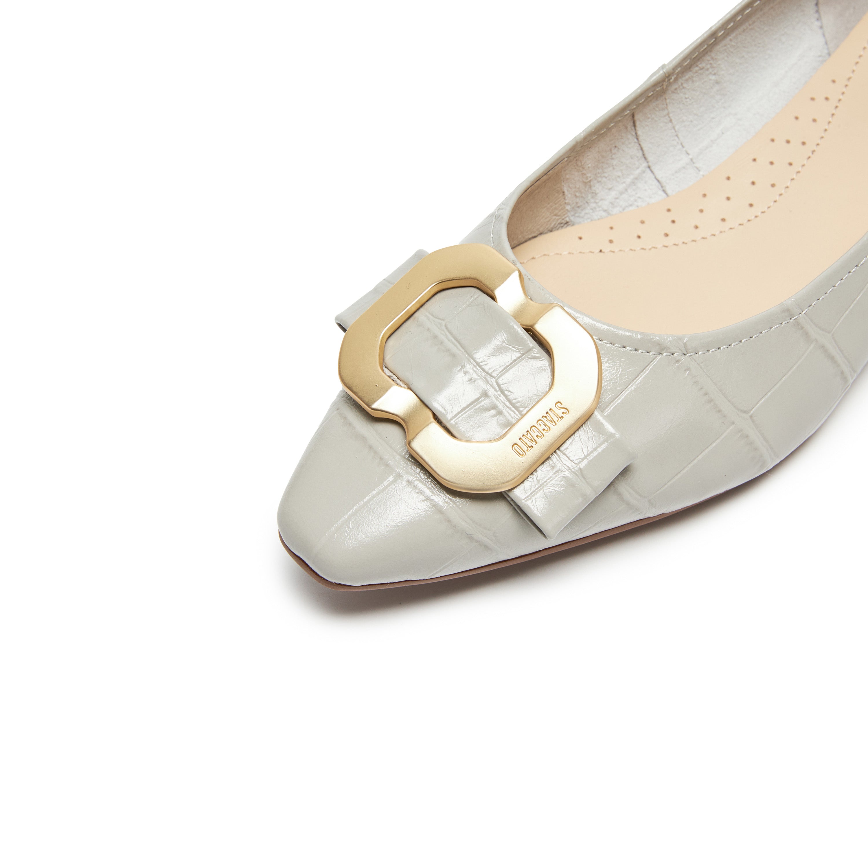 Lige Grey Embossed Golden Buckle Bow Flats