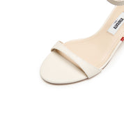 Beige Leather Ankle Block Mid Heel Sandals