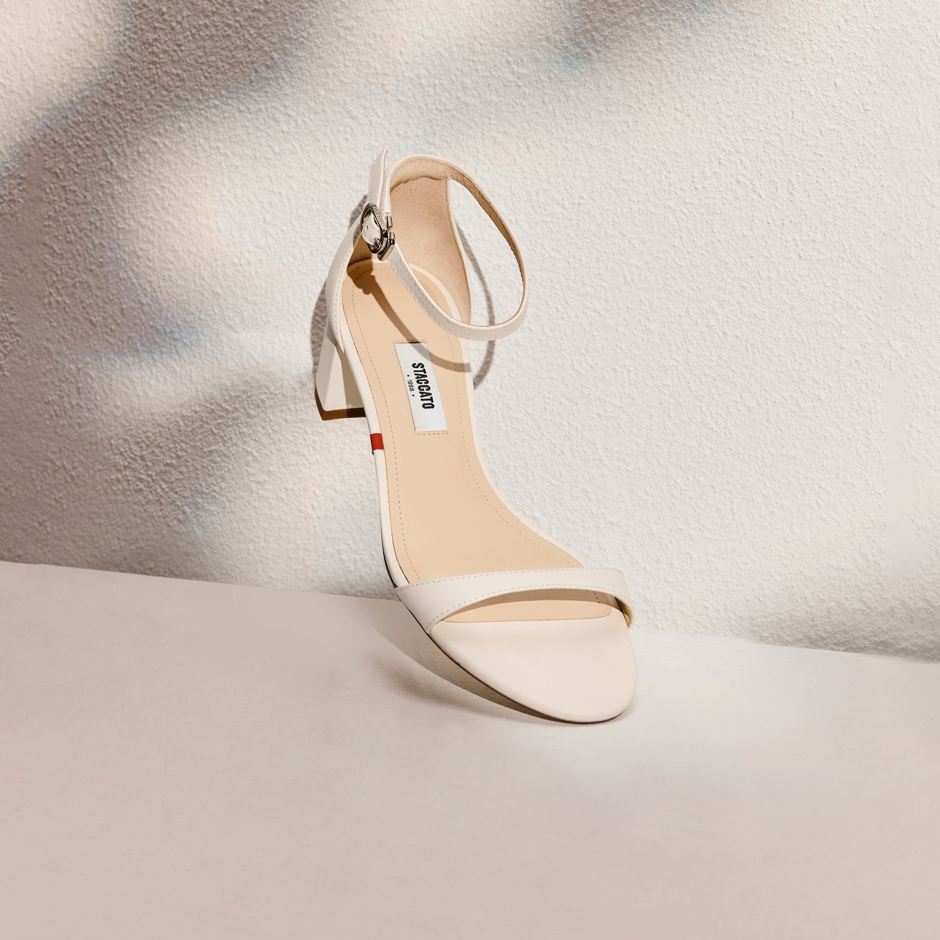 Beige Leather Ankle Block Mid Heel Sandals