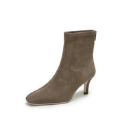 Grey Suede Soft Square-Toe Back-Zip Spool Heel Sock Boots