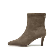 Grey Suede Soft Square-Toe Back-Zip Spool Heel Sock Boots