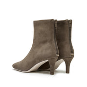 Grey Suede Soft Square-Toe Back-Zip Spool Heel Sock Boots