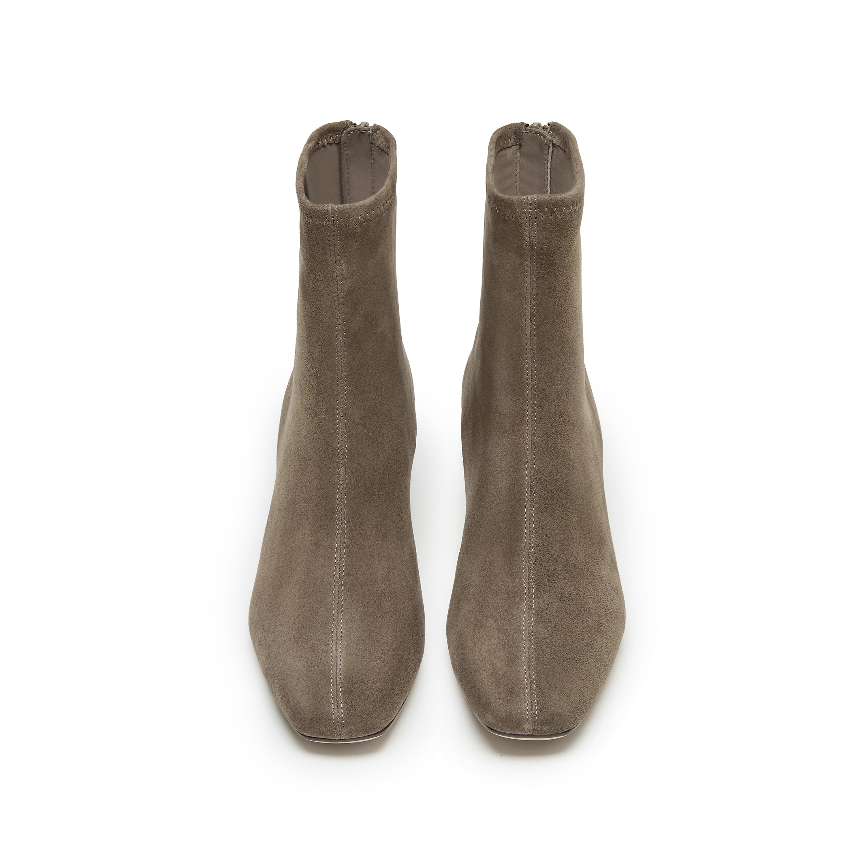 Grey Suede Soft Square-Toe Back-Zip Spool Heel Sock Boots