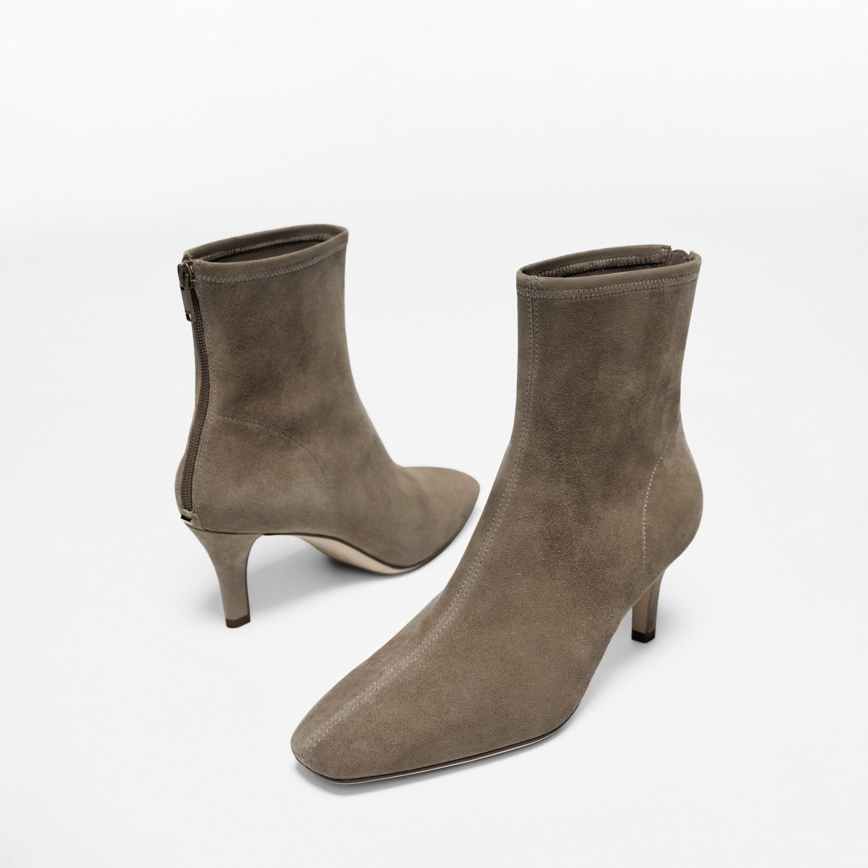 Grey Suede Soft Square-Toe Back-Zip Spool Heel Sock Boots
