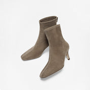 Grey Suede Soft Square-Toe Back-Zip Spool Heel Sock Boots