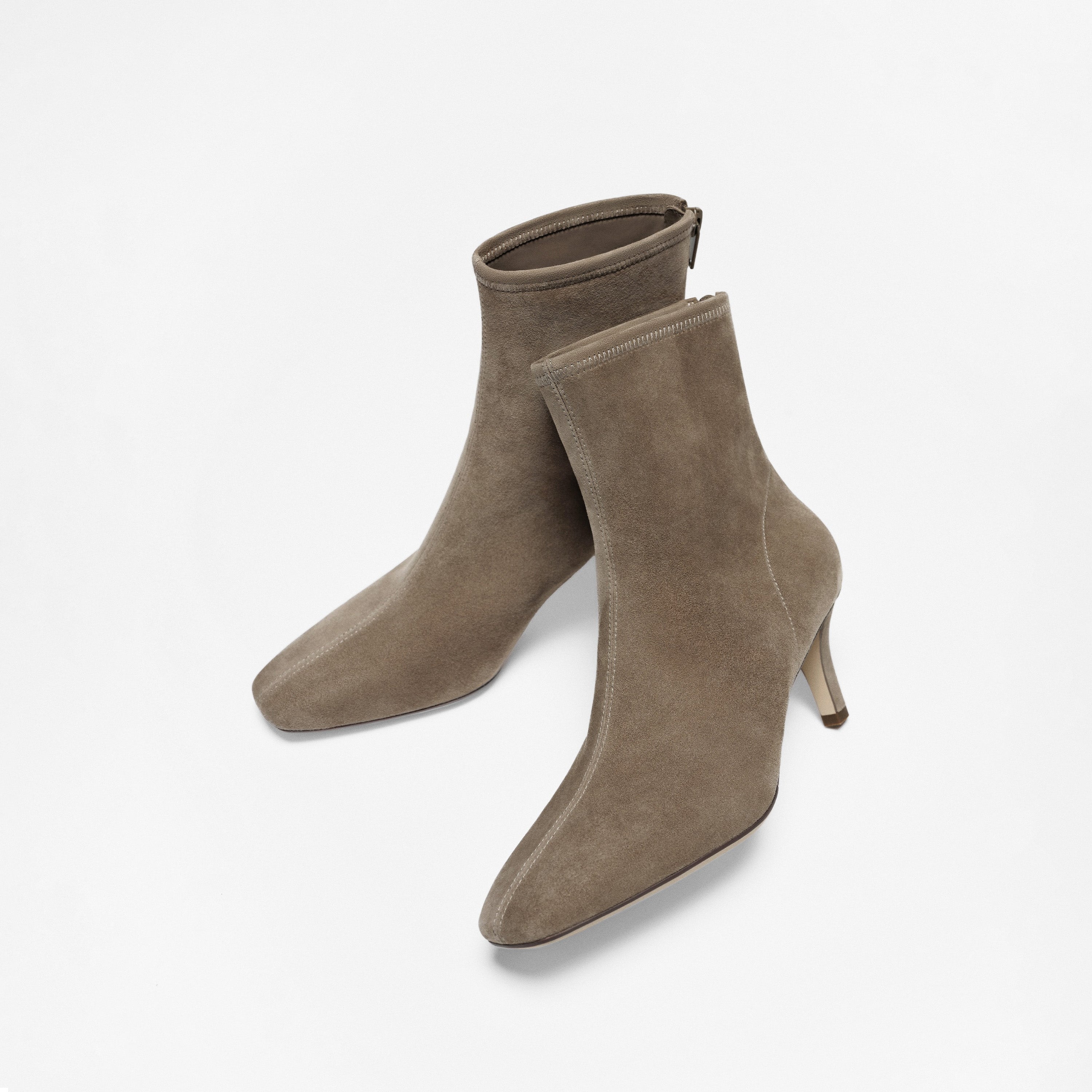 Grey Suede Soft Square-Toe Back-Zip Spool Heel Sock Boots