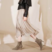 Grey Suede Soft Square-Toe Back-Zip Spool Heel Sock Boots