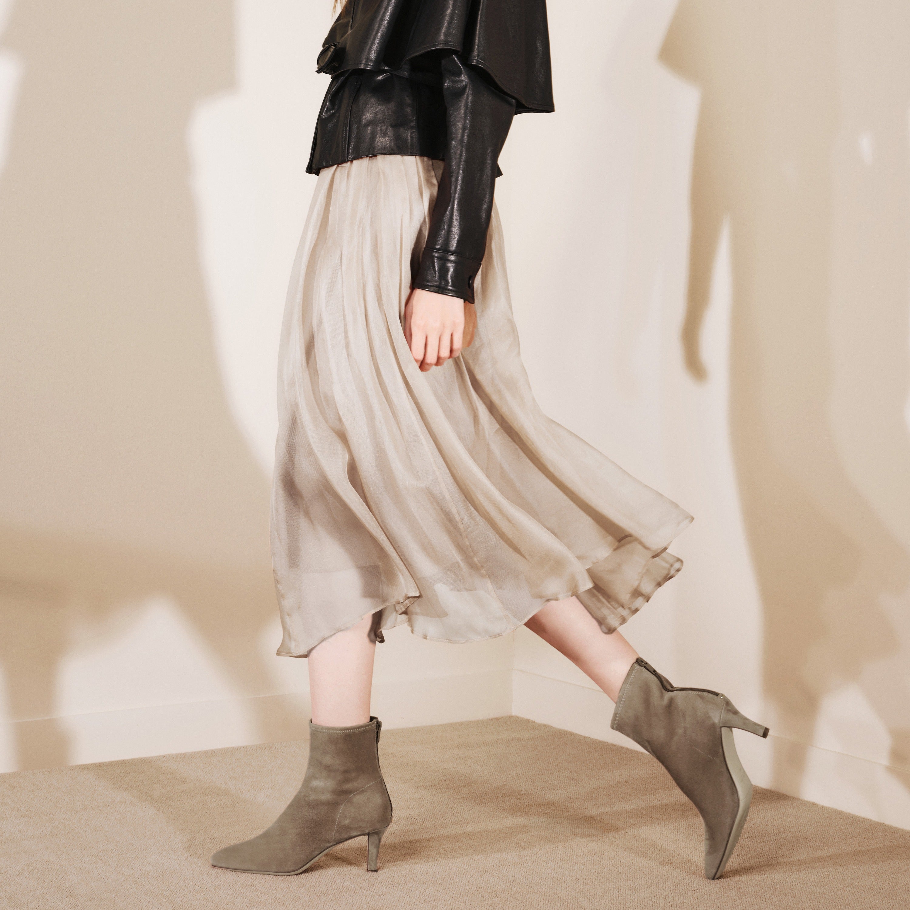 Grey Suede Soft Square-Toe Back-Zip Spool Heel Sock Boots