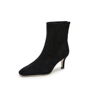 Black Suede Soft Square-Toe Back-Zip Spool Heel Sock Boots