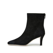Black Suede Soft Square-Toe Back-Zip Spool Heel Sock Boots