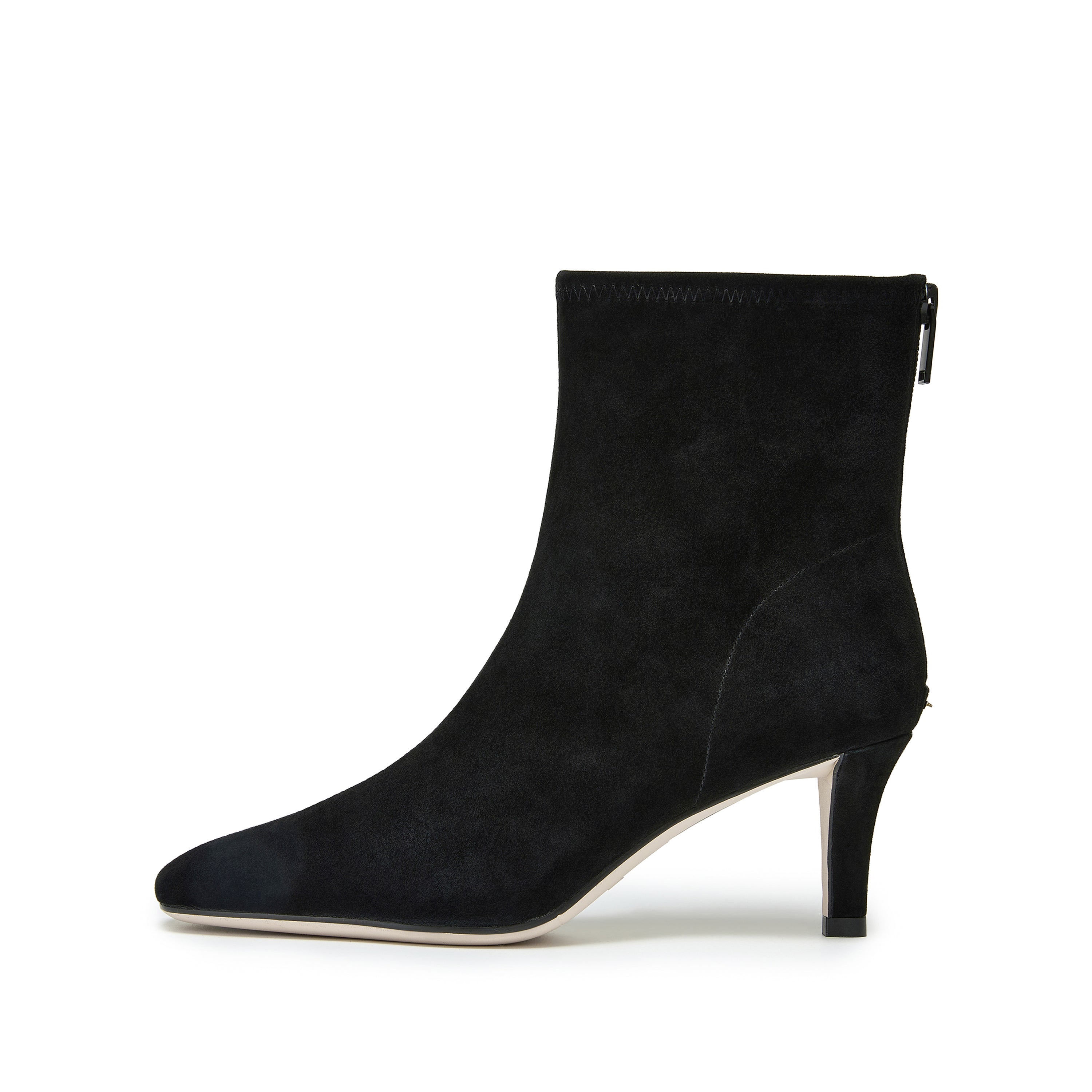 Black Suede Soft Square-Toe Back-Zip Spool Heel Sock Boots