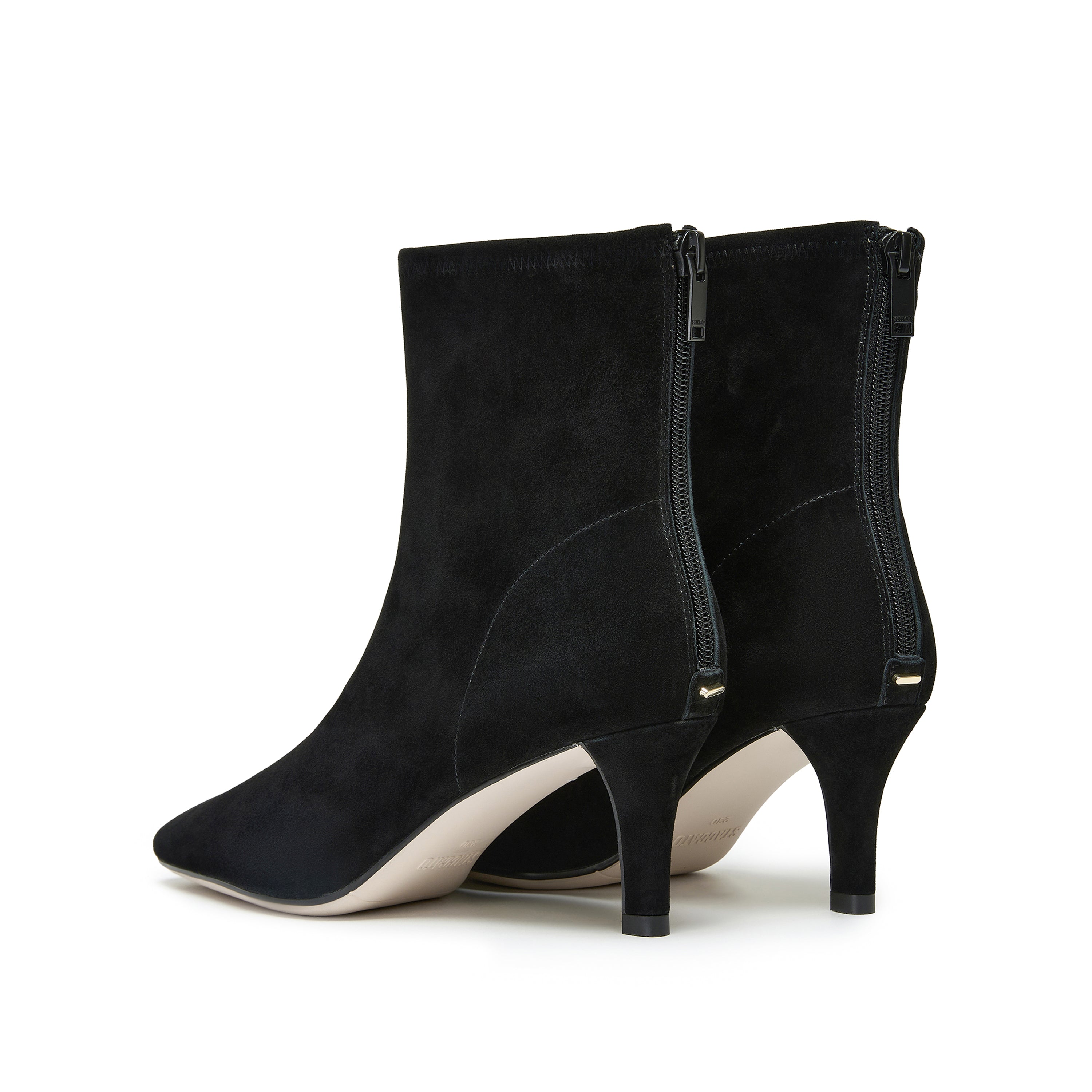 Black Suede Soft Square-Toe Back-Zip Spool Heel Sock Boots