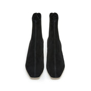 Black Suede Soft Square-Toe Back-Zip Spool Heel Sock Boots