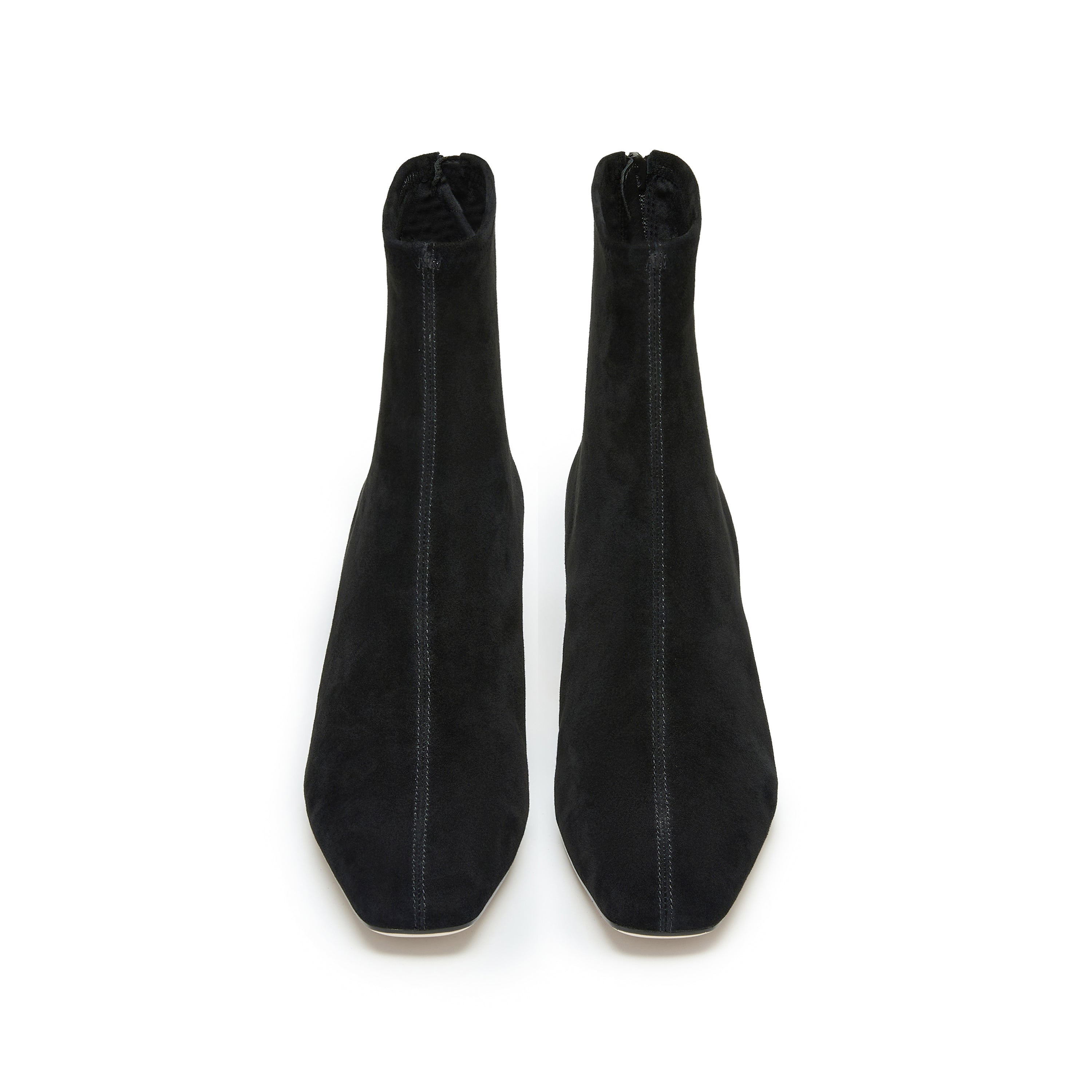Black Suede Soft Square-Toe Back-Zip Spool Heel Sock Boots