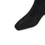 Black Suede Soft Square-Toe Back-Zip Spool Heel Sock Boots