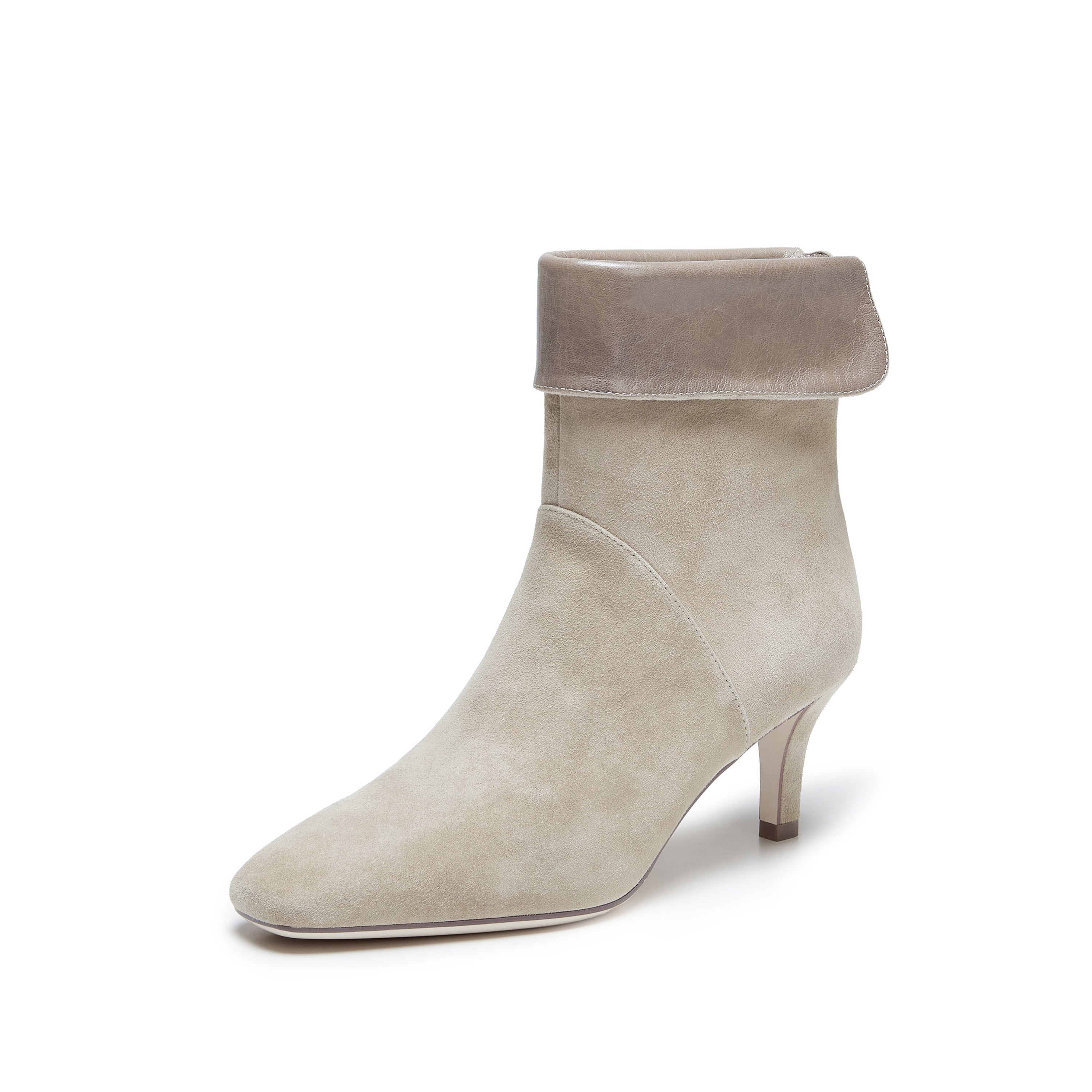Grey Suede Fold-Over Cuff Back-Zip Spool Heel Boots