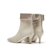 Grey Suede Fold-Over Cuff Back-Zip Spool Heel Boots