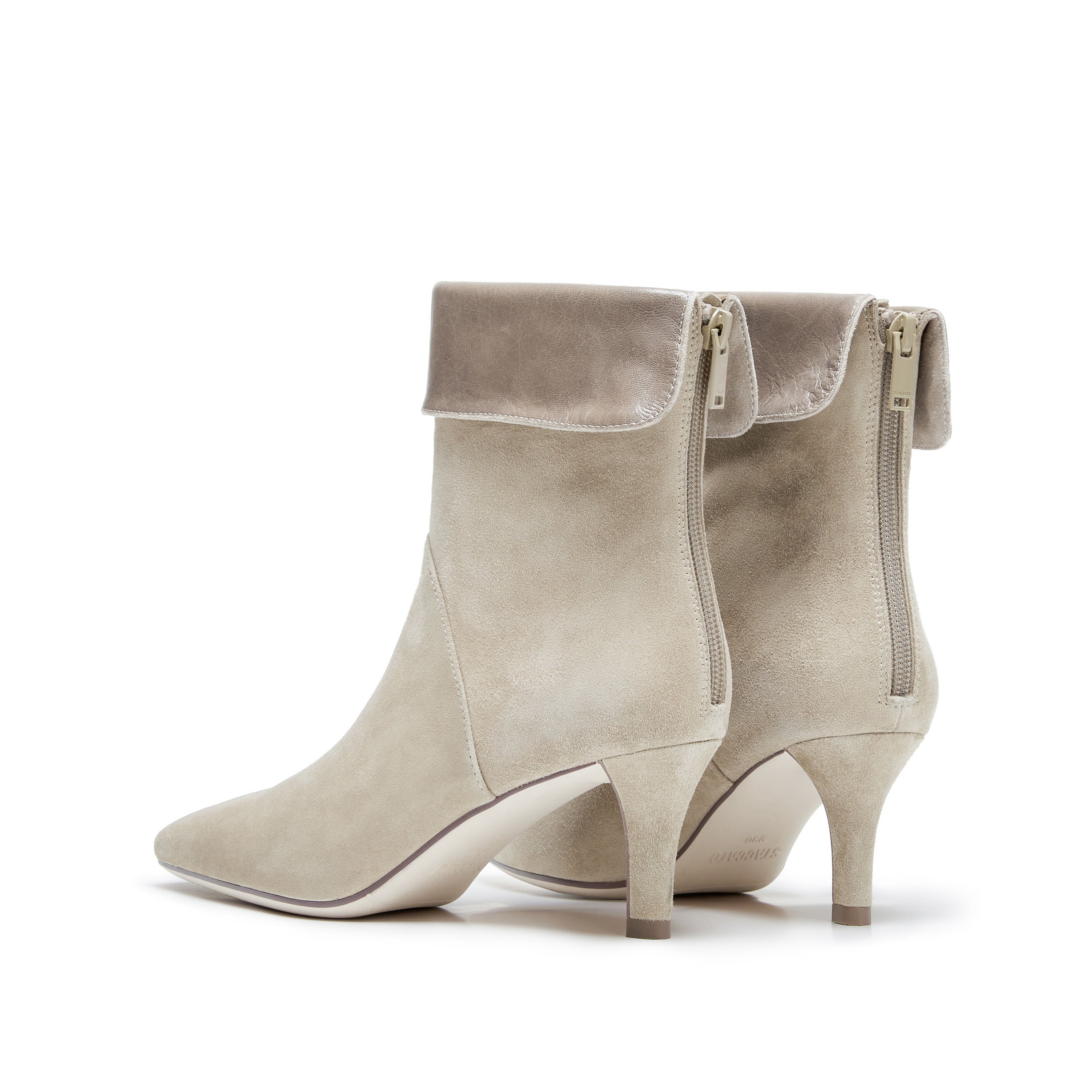 Grey Suede Fold-Over Cuff Back-Zip Spool Heel Boots