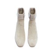 Grey Suede Fold-Over Cuff Back-Zip Spool Heel Boots