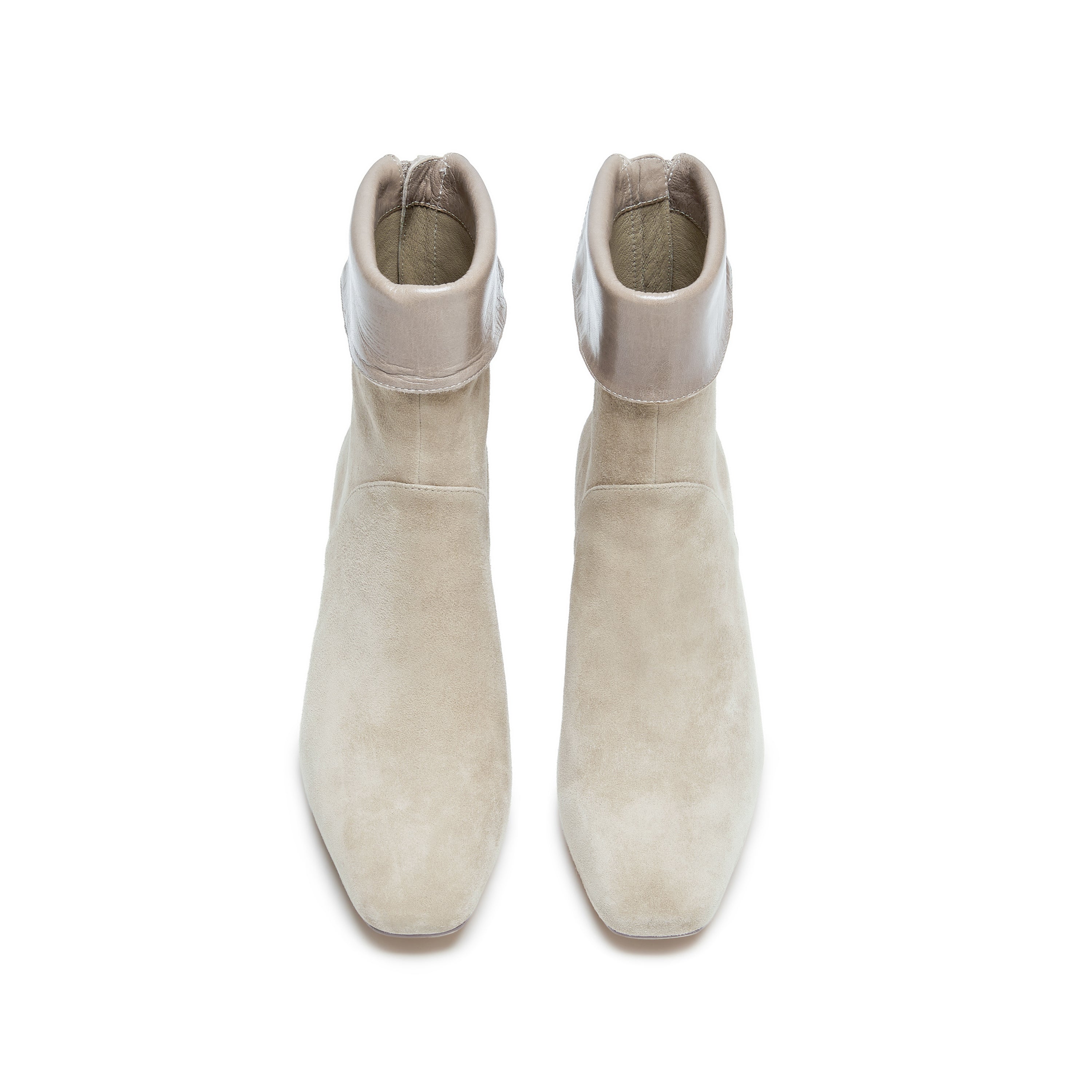 Grey Suede Fold-Over Cuff Back-Zip Spool Heel Boots