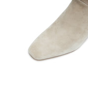 Grey Suede Fold-Over Cuff Back-Zip Spool Heel Boots