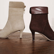 Grey Suede Fold-Over Cuff Back-Zip Spool Heel Boots