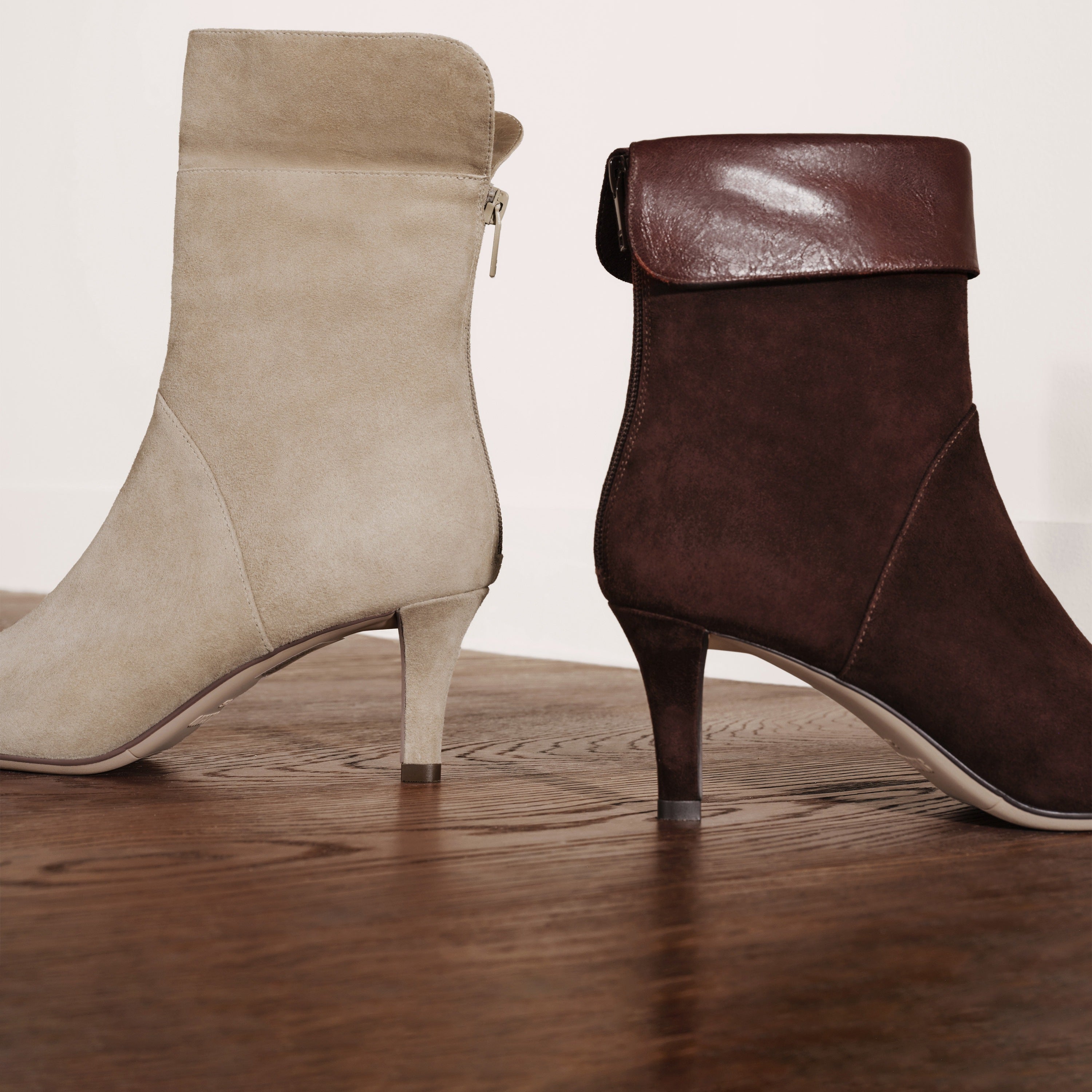 Grey Suede Fold-Over Cuff Back-Zip Spool Heel Boots