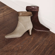 Grey Suede Fold-Over Cuff Back-Zip Spool Heel Boots