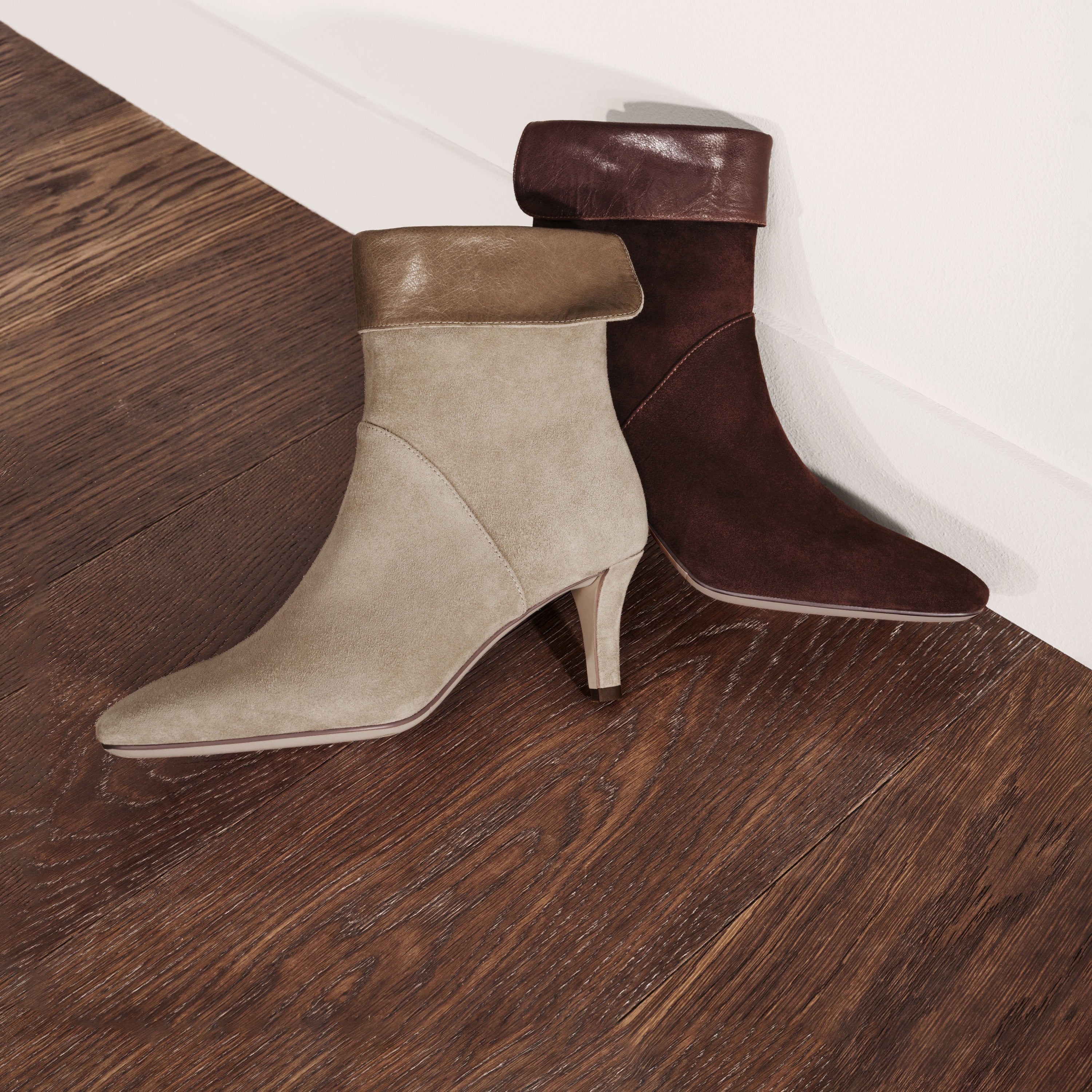 Grey Suede Fold-Over Cuff Back-Zip Spool Heel Boots