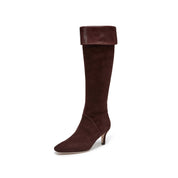Brown Suede Fold-Over Cuff Spool Heel Knee-High Boots