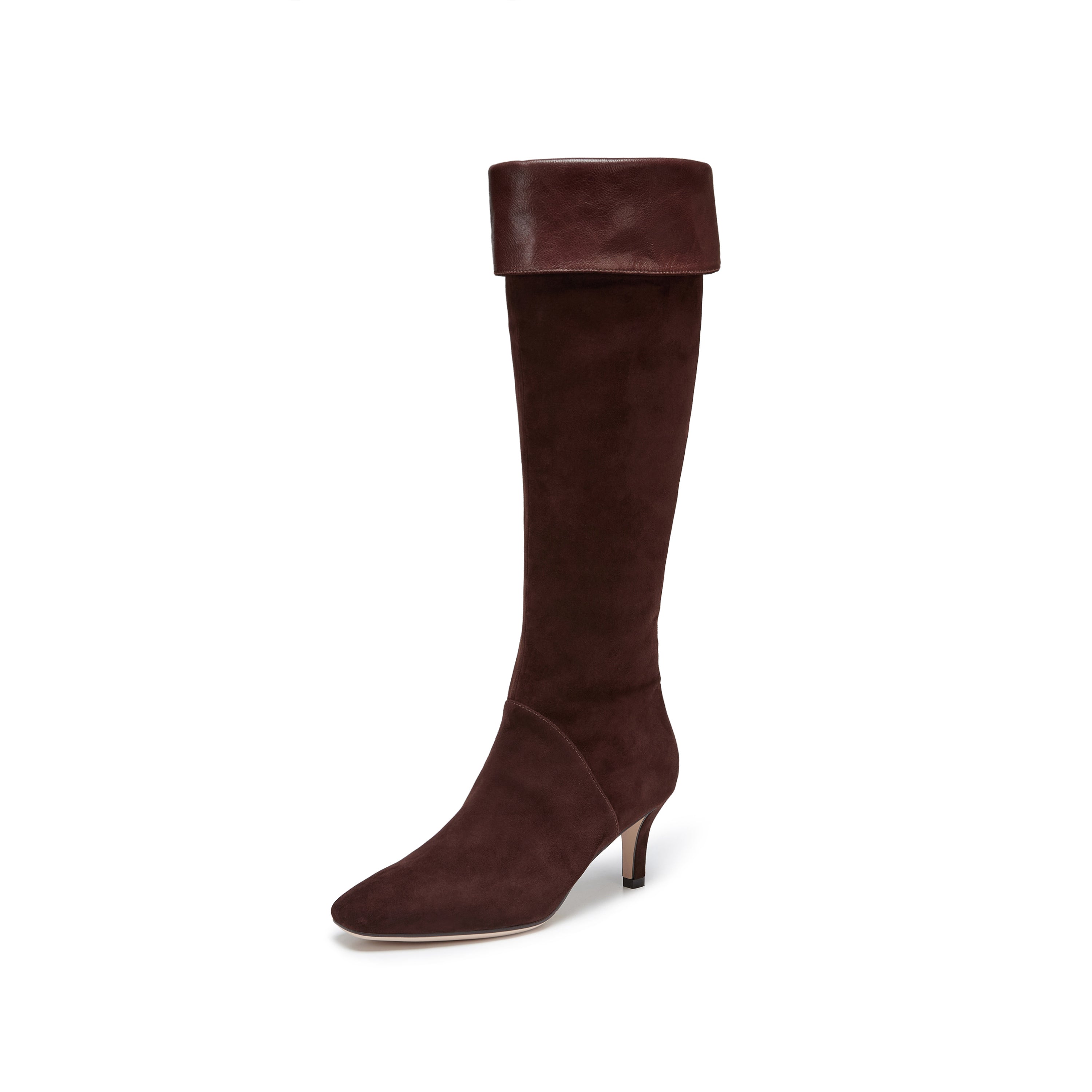 Brown Suede Fold-Over Cuff Spool Heel Knee-High Boots